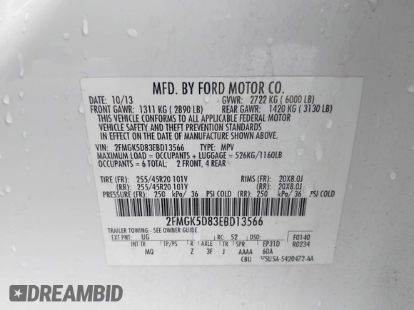 2014 Ford Flex Limited with VIN 2FMGK5D83EBD13566, listed as a IAAI auction lot 41706352 with 183,184 mi miles. Bid and sale history available at carsss.com. Image 9.