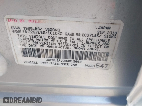 2011 Mitsubishi Lancer ES with VIN JA32U2FU0BU012663, listed as a IAAI auction lot 42049562 with 116,361 mi miles. Bid and sale history available at carsss.com. Image 9.