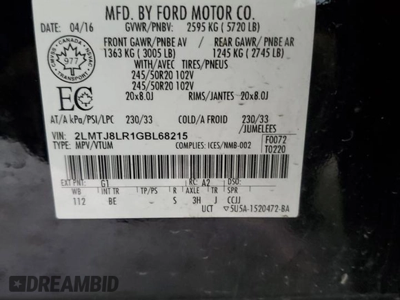 2016 Lincoln MKX Reserve with VIN 2LMTJ8LR1GBL68215, listed as a Copart auction lot 47885315 with 118,516 mi miles and Salvage Title. Bid and sale history available at DreamBid. Image 13.