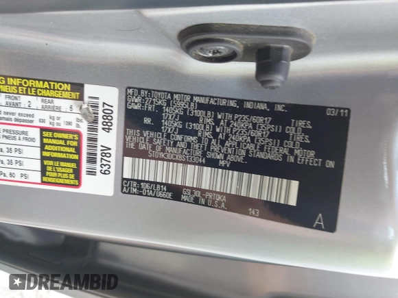 2011 Toyota Sienna XLE AAS with VIN 5TDYK3DCXBS133044, listed as a IAAI auction lot 42722691 with 179,497 mi miles and . Bid and sale history available at DreamBid. Image 9.