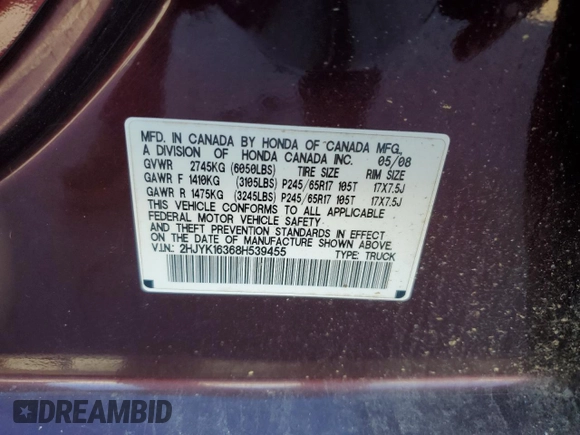 2008 Honda Ridgeline RTX with VIN 2HJYK16368H539455, listed as a Copart auction lot 68570054 with 205,547 mi miles and Salvage Title. Bid and sale history available at carsss.com. Image 15.