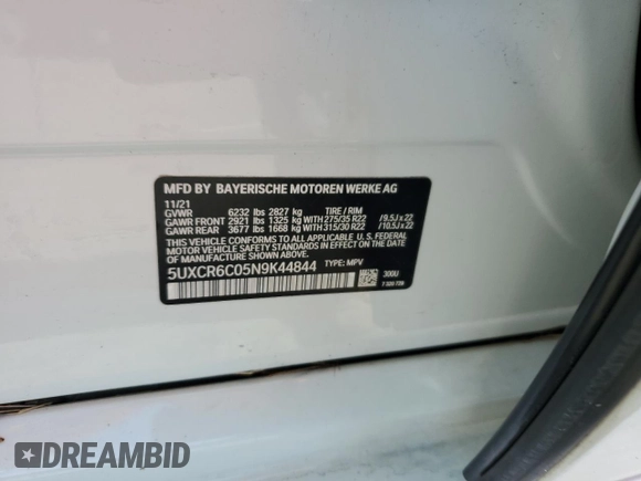 2022 BMW X5 xDrive40i z VIN 5UXCR6C05N9K44844, wystawiony jako Copart lot #52027125 z przebiegiem 50 382 mil mil oraz Nie do naprawy • Non repairable. Historia ofert i sprzedaży dostępna na DreamBid. Obrazek 14.