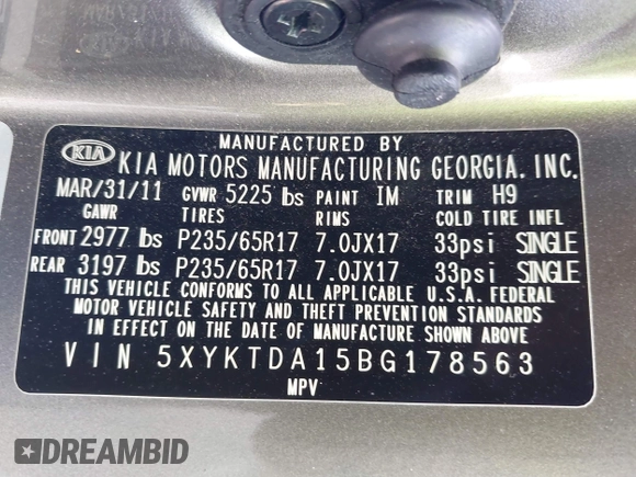 2011 Kia Sorento LX with VIN 5XYKTDA15BG178563, listed as a IAAI auction lot 42259714 with 174,268 mi miles and . Bid and sale history available at DreamBid. Image 9.