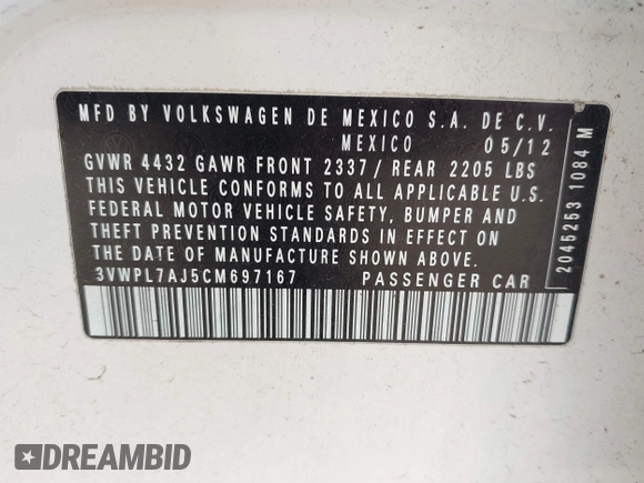2012 Volkswagen Jetta TDI w/Sunroof & Nav with VIN 3VWPL7AJ5CM697167, listed as a IAAI auction lot 42220468 with 93,755 mi miles and . Bid and sale history available at DreamBid. Image 9.