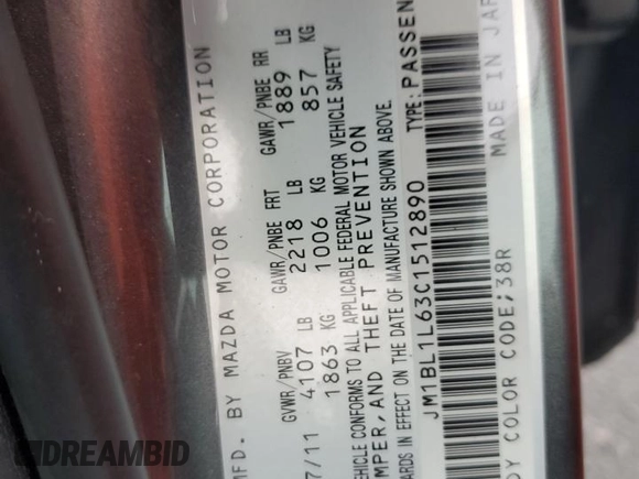 2012 Mazda 3 S Touring with VIN JM1BL1L63C1512890, listed as a Copart auction lot 89194695 with 160,867 mi miles and Salvage Title. Bid and sale history available at DreamBid. Image 14.