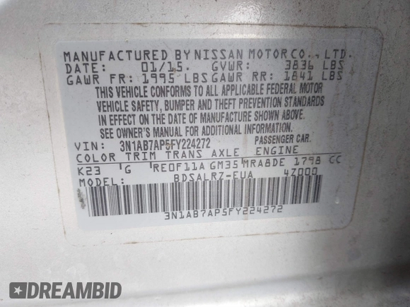 2015 Nissan Sentra SV with VIN 3N1AB7AP5FY224272, listed as a IAAI auction lot 41419169 with 207,719 mi miles and . Bid and sale history available at DreamBid. Image 9.