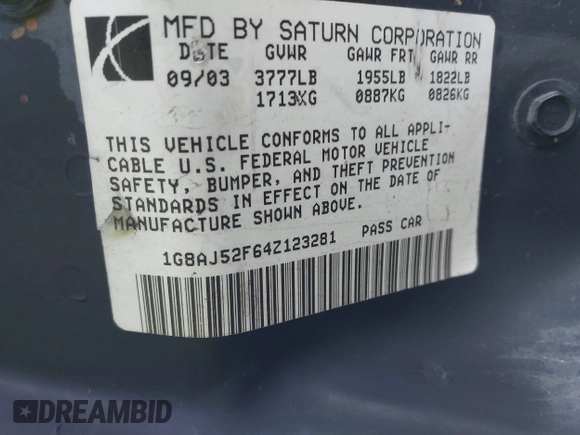 2004 Saturn ION with VIN 1G8AJ52F64Z123281, listed as a IAAI auction lot 41658784 with 206,663 mi miles. Bid and sale history available at carsss.com. Image 9.