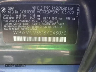 2008 BMW 3 Series 328xi with VIN WBAVC93518K043073, listed as a IAAI auction lot 42134507 with 148,712 mi miles. Bid and sale history available at carsss.com. Image 9.