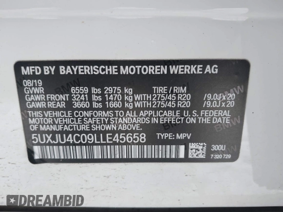 2020 BMW X5 M50i with VIN 5UXJU4C09LLE45658, listed as a IAAI auction lot 41307154 with 69,936 mi miles and . Bid and sale history available at DreamBid. Image 9.