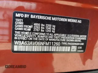 2022 BMW 4 Series 430i with VIN WBA63AV06NFM11260, listed as a Copart auction lot 57551825 with 52,969 mi miles and Salvage title. Bid and sale history available at DreamBid. Image 12.