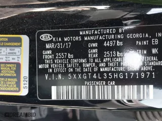 2017 Kia Optima LX with VIN 5XXGT4L35HG171971, listed as a IAAI auction lot 41600736 with 66,430 mi miles. Bid and sale history available at carsss.com. Image 9.