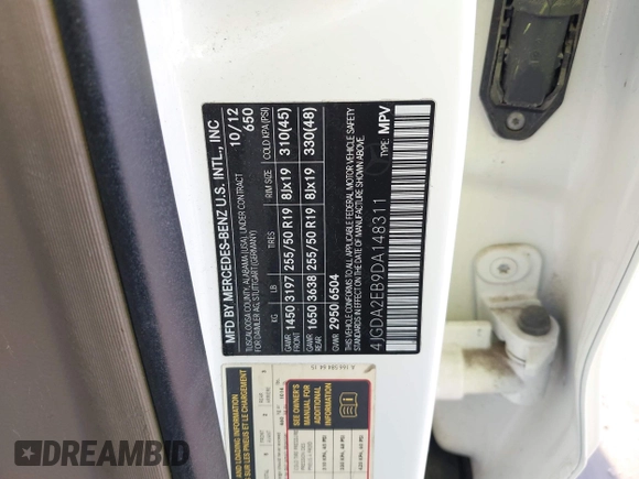 2013 Mercedes-Benz M 350 with VIN 4JGDA2EB9DA148311, listed as a IAAI auction lot 41131650 with 143,868 mi miles and . Bid and sale history available at DreamBid. Image 9.