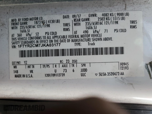 2018 Ford Transit with VIN 1FTYR2CM7JKA03177, listed as a Copart auction lot 74734674 with 216,692 mi miles and Salvage Title. Bid and sale history available at carsss.com. Image 13.