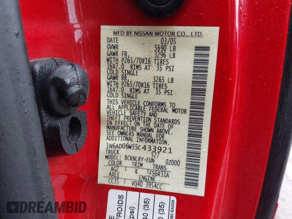 2005 Nissan Frontier LE with VIN 1N6AD06W55C433921, listed as a IAAI auction lot 42263626 with 107,404 mi miles and . Bid and sale history available at DreamBid. Image 9.