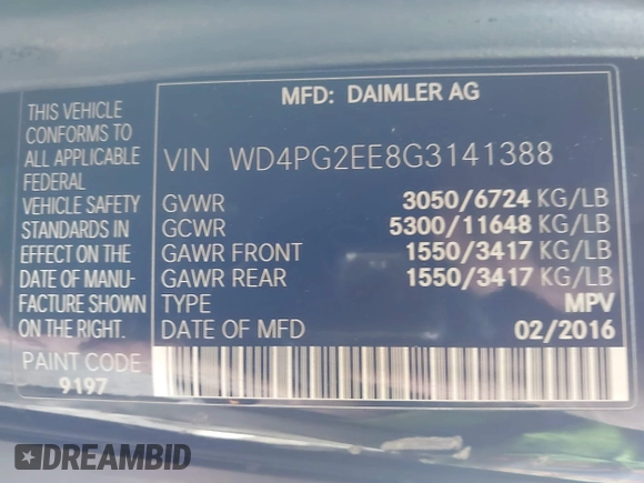 2016 Mercedes-Benz Metris Passenger with VIN WD4PG2EE8G3141388, listed as a IAAI auction lot 41818327 with 301,418 mi miles and . Bid and sale history available at DreamBid. Image 9.