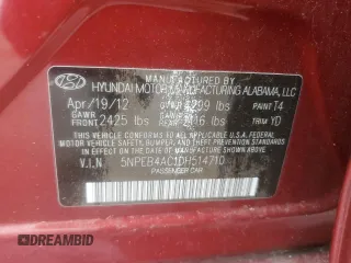 2013 Hyundai Sonata GLS z VIN 5NPEB4AC1DH514710, wystawiony jako Copart lot #61200105 z przebiegiem 70 174 mil mil oraz Szkoda całkowita • Salvage title. Historia ofert i sprzedaży dostępna na DreamBid. Obrazek 12.