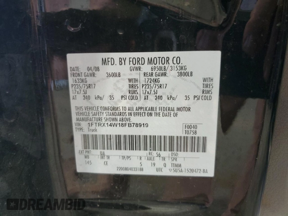 2008 Ford F-150 STX z VIN 1FTRX14W18FB78919, wystawiony jako Copart lot #59991945 z przebiegiem 200 940 mil mil oraz Czysty tytuł • Clean title. Historia ofert i sprzedaży dostępna na DreamBid. Obrazek 12.