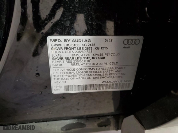 2018 Audi Q5 Premium with VIN WA1ANAFY1J2174801, listed as a Copart auction lot 53709855 with 85,119 mi miles and Salvage Title. Bid and sale history available at carsss.com. Image 12.