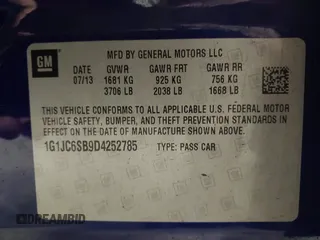 2013 Chevrolet Sonic LT with VIN 1G1JC6SB9D4252785, listed as a IAAI auction lot 41499502 with 114,924 mi miles. Bid and sale history available at carsss.com. Image 9.