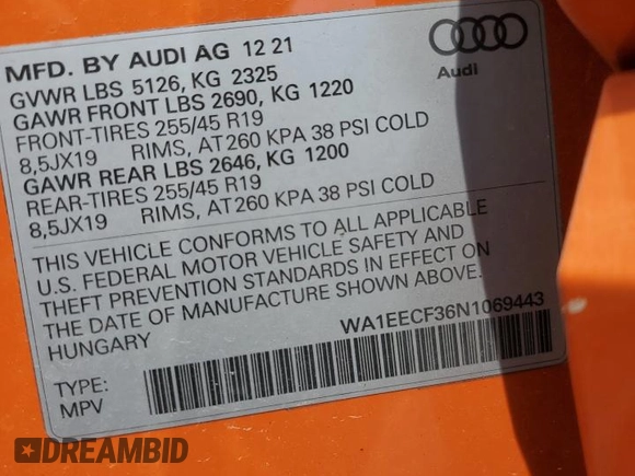 2022 Audi Q3 S line Premium Plus with VIN WA1EECF36N1069443, listed as a Copart auction lot 52742355 with 46,898 mi miles and Salvage title. Bid and sale history available at DreamBid. Image 12.