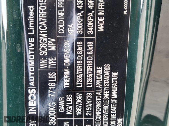 2024 Ineos Grenadier z VIN SC6GM1CA7RF015510, wystawiony jako Copart lot #71227984 z przebiegiem 73 mil mil oraz Szkody całkowita. Historia ofert i sprzedaży dostępna na DreamBid. Obrazek 14.