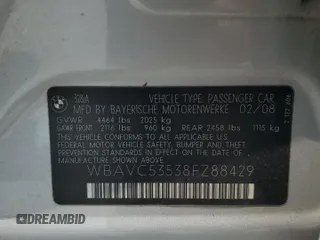 2008 BMW 3 Series 328i with VIN WBAVC53538FZ88429, listed as a Copart auction lot 57615095 with Not provided miles and Clean title. Bid and sale history available at DreamBid. Image 12.