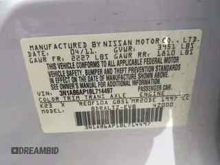 2011 Nissan Sentra 2.0 with VIN 3N1AB6AP1BL714497, listed as a IAAI auction lot 41944915 with 140,082 mi miles and . Bid and sale history available at DreamBid. Image 9.