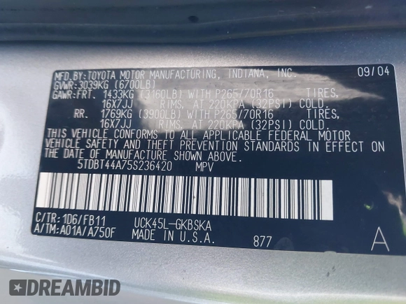 2005 Toyota Sequoia SR5 with VIN 5TDBT44A75S236420, listed as a IAAI auction lot 41296176 with 185,380 mi miles and . Bid and sale history available at DreamBid. Image 9.