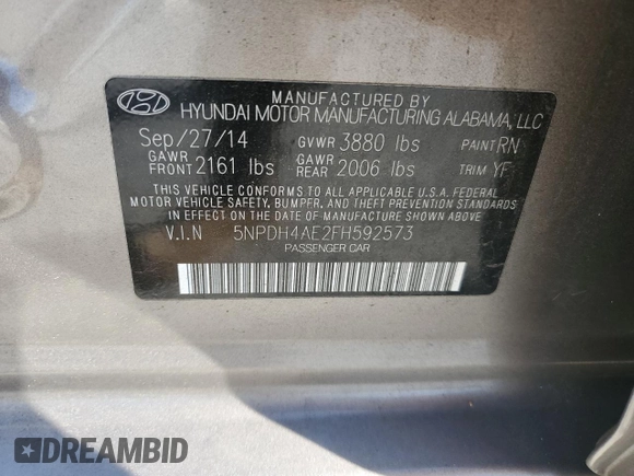 2015 Hyundai Elantra SE with VIN 5NPDH4AE2FH592573, listed as a Copart auction lot 59092025 with 62,870 mi miles and Salvage title. Bid and sale history available at DreamBid. Image 12.