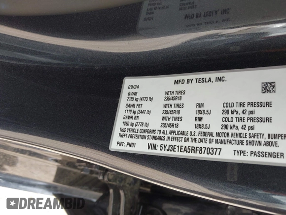 2024 Tesla Model 3 z VIN 5YJ3E1EA5RF870377, wystawiony jako IAAI lot #41933727 z przebiegiem 2 183 mil mil oraz . Historia ofert i sprzedaży dostępna na DreamBid. Obrazek 9.