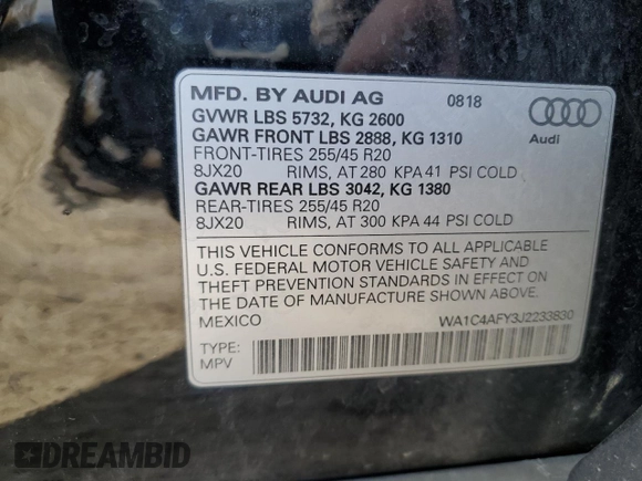 2018 Audi SQ5 Prestige with VIN WA1C4AFY3J2233830, listed as a Copart auction lot 46489625 with 68,752 mi miles and Clean Title. Bid and sale history available at DreamBid. Image 13.