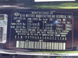 2019 Kia Sorento EX V6 with VIN 5XYPH4A58KG521148, listed as a IAAI auction lot 41538844 with 72,782 mi miles. Bid and sale history available at carsss.com. Image 9.