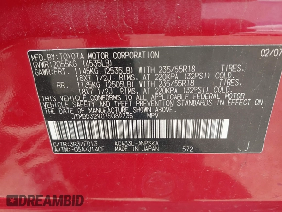 2007 Toyota RAV4 Sport z VIN JTMBD32V075089735, wystawiony jako IAAI lot #42448493 z przebiegiem 183 051 mil mil oraz . Historia ofert i sprzedaży dostępna na DreamBid. Obrazek 9.