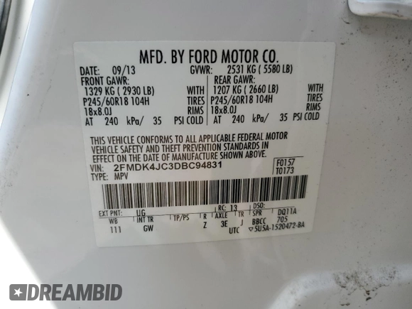 2013 Ford Edge SEL with VIN 2FMDK4JC3DBC94831, listed as a Copart auction lot 54061655 with 114,124 mi miles and Salvage Title. Bid and sale history available at carsss.com. Image 13.