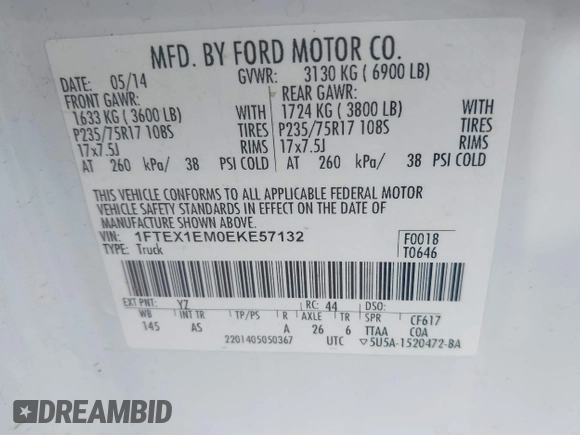 2014 Ford F-150 XL with VIN 1FTEX1EM0EKE57132, listed as a IAAI auction lot 41895499 with 260,186 mi miles and . Bid and sale history available at carsss.com. Image 9.