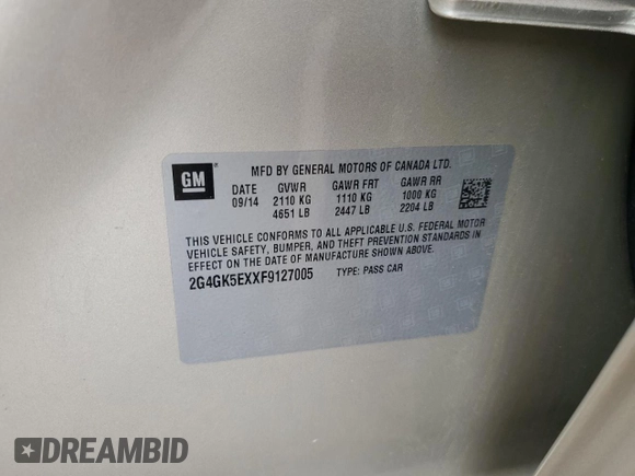 2015 Buick Regal with VIN 2G4GK5EXXF9127005, listed as a Copart auction lot 58827695 with 59,636 mi miles and Salvage title. Bid and sale history available at DreamBid. Image 12.