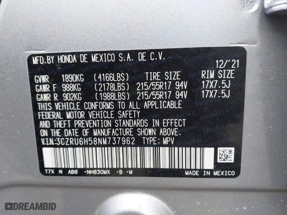 2022 Honda HR-V EX with VIN 3CZRU6H58NM737962, listed as a IAAI auction lot 41624740 with NaN miles. Bid and sale history available at carsss.com. Image 9.
