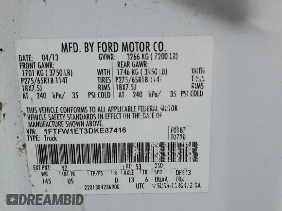 2013 Ford F-150 XL with VIN 1FTFW1ET3DKE87416, listed as a Copart auction lot 37086504 with 139,813 mi miles and Salvage Title. Bid and sale history available at carsss.com. Image 15.