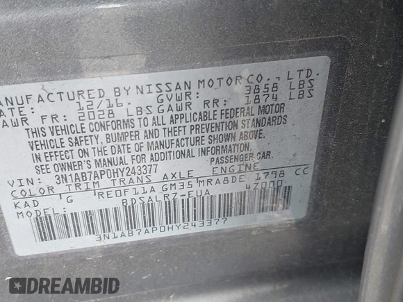 2017 Nissan Sentra S with VIN 3N1AB7AP0HY243377, listed as a IAAI auction lot 42126005 with 99,129 mi miles and . Bid and sale history available at DreamBid. Image 9.