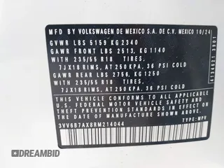 2024 Volkswagen Tiguan Wolfsburg Edition z VIN 3VV6B7AX8RM214044, wystawiony jako IAAI lot #41676715 z przebiegiem 2 167 mil mil oraz . Historia ofert i sprzedaży dostępna na DreamBid. Obrazek 9.