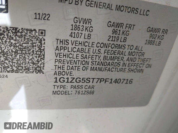 2023 Chevrolet Malibu RS with VIN 1G1ZG5ST7PF140716, listed as a IAAI auction lot 41718332 with 38,262 mi miles and . Bid and sale history available at DreamBid. Image 9.