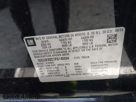 2015 Chevrolet Silverado 1500 LTZ with VIN 3GCUKSEC7FG145504, listed as a IAAI auction lot 41999825 with 206,560 mi miles and . Bid and sale history available at DreamBid. Image 9.