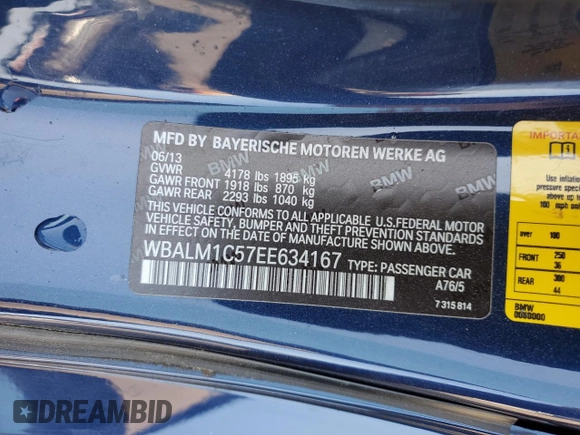 2014 BMW Z4 sDrive35is with VIN WBALM1C57EE634167, listed as a Copart auction lot 69088044 with 68,620 mi miles and Salvage title. Bid and sale history available at DreamBid. Image 13.