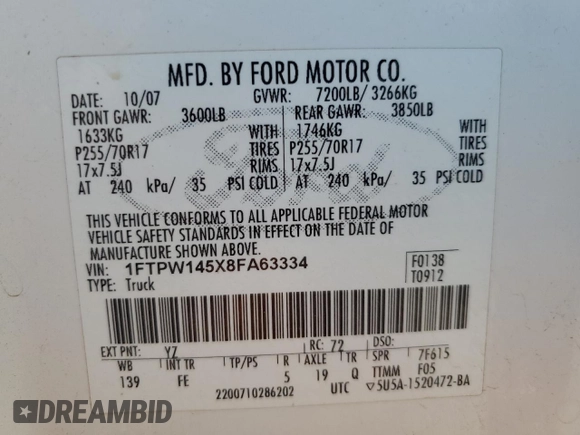 2008 Ford F-150 XLT с VIN 1FTPW145X8FA63334, выставлен на аукционе Copart как лот 57066415 с пробегом Не указан миль и Списание • Salvage title. История ставок и продаж доступна на DreamBid. Изображение 12.