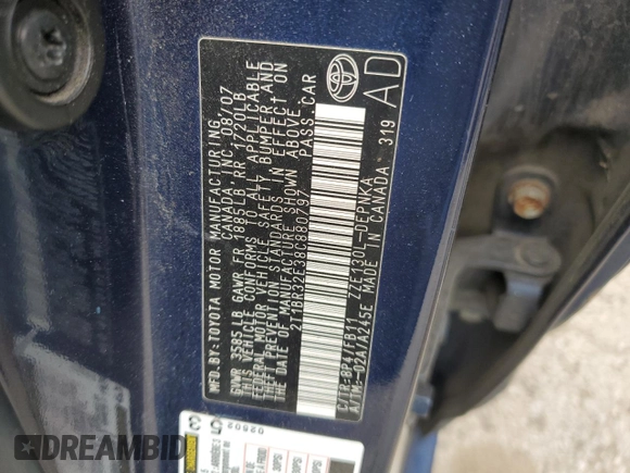 2008 Toyota Corolla CE with VIN 2T1BR32E38C880797, listed as a Copart auction lot 53480615 with 199,020 mi miles and Clean Title. Bid and sale history available at DreamBid. Image 12.