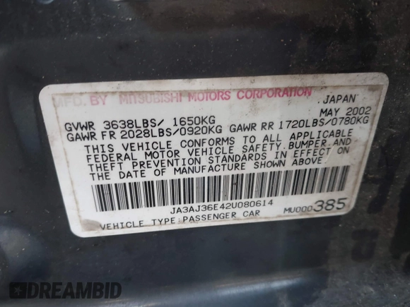 2002 Mitsubishi Lancer LS with VIN JA3AJ36E42U080614, listed as a IAAI auction lot 41397554 with 187,981 mi miles. Bid and sale history available at carsss.com. Image 9.