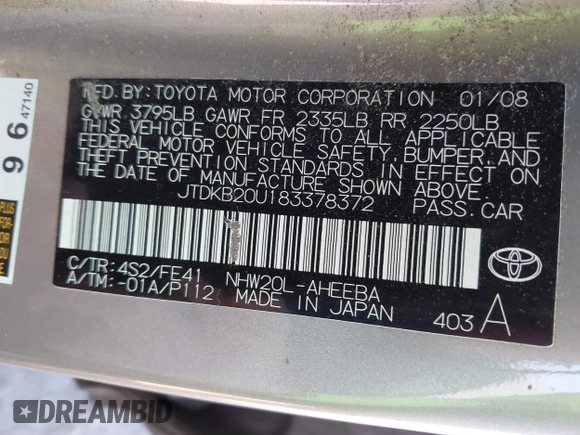 2008 Toyota Prius with VIN JTDKB20U183378372, listed as a IAAI auction lot 41625340 with 187,115 mi miles. Bid and sale history available at carsss.com. Image 9.