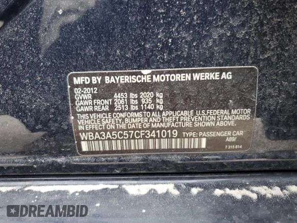 2012 BMW 3 Series 328i with VIN WBA3A5C57CF341019, listed as a Copart auction lot 88589685 with 107,295 mi miles and Salvage Title. Bid and sale history available at DreamBid. Image 13.