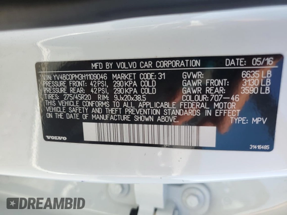 2017 Volvo XC90 R-Design with VIN YV4BC0PM3H1109046, listed as a Copart auction lot 60981114 with 118,008 mi miles and Clean Title. Bid and sale history available at carsss.com. Image 13.