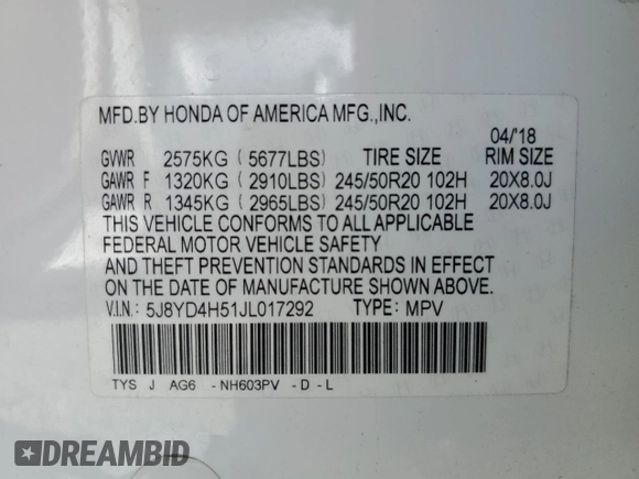 2018 Acura MDX Technology с VIN 5J8YD4H51JL017292, выставлен на аукционе Copart как лот 55680895 с пробегом 40 790 миль миль и Списание • Salvage title. История ставок и продаж доступна на DreamBid. Изображение 13.